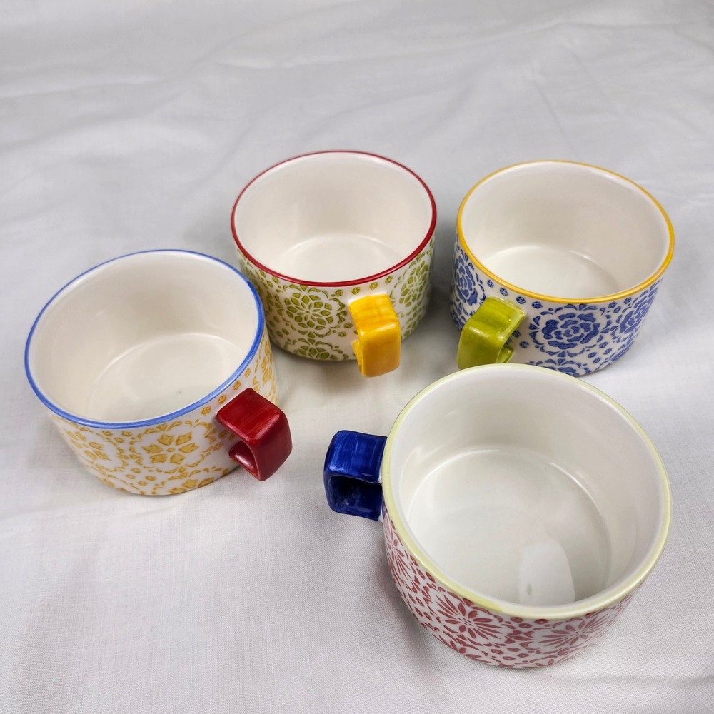 Pier 1 Imports Coffee Mugs Set of 4 Multicolor Floral Hand‎ Painted Stoneware - Picture 8 of 11